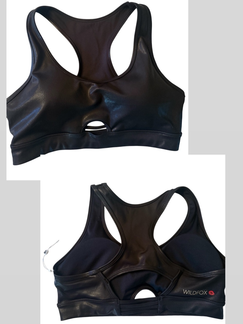 WILDFOX Black Faux Leather Glossy Keyhole Racerback Sports Bra Large New